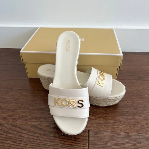 Michael Kors Brady white leather platform wedge espadrille slides - Picture 2 of 9
